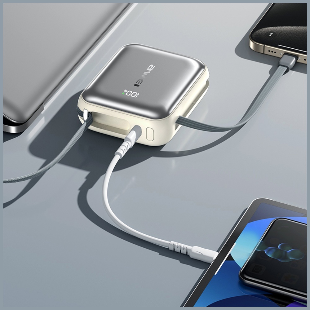 Išorinė baterija Awei C03 20000mAh USB-A/USB-C + Lightning/USB-C laidai sidabrinė aprašymas - Prekės nuotrauka