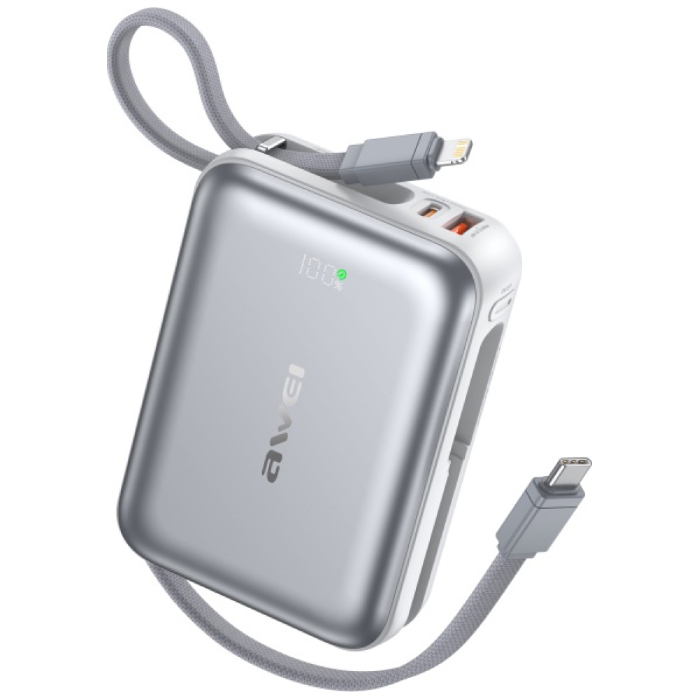 Išorinė baterija Awei C03 20000mAh USB-A/USB-C + Lightning/USB-C laidai sidabrinė aprašymas - Prekės nuotrauka