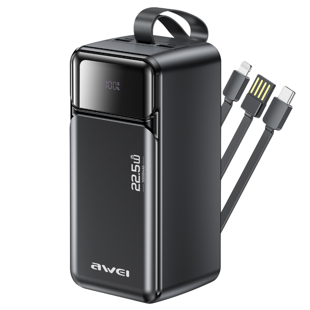 Išorinė baterija Awei PA-107 50000mAh 22,5W PD 3xUSB juodos spalvos aprašymas - Prekės nuotrauka