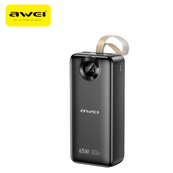 Išorinė baterija Awei PA-34 30000mAh 65W greitas įkrovimas, juodos spalvos aprašymas - Prekės nuotrauka