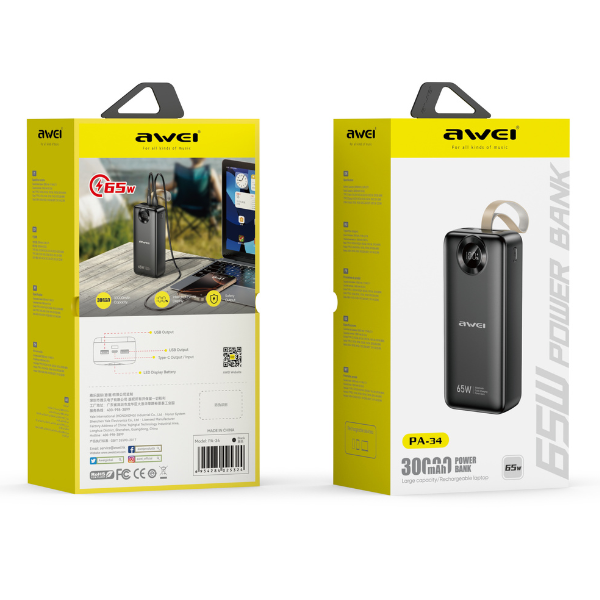 Išorinė baterija Awei PA-34 30000mAh 65W greitas įkrovimas, juodos spalvos aprašymas - Prekės nuotrauka