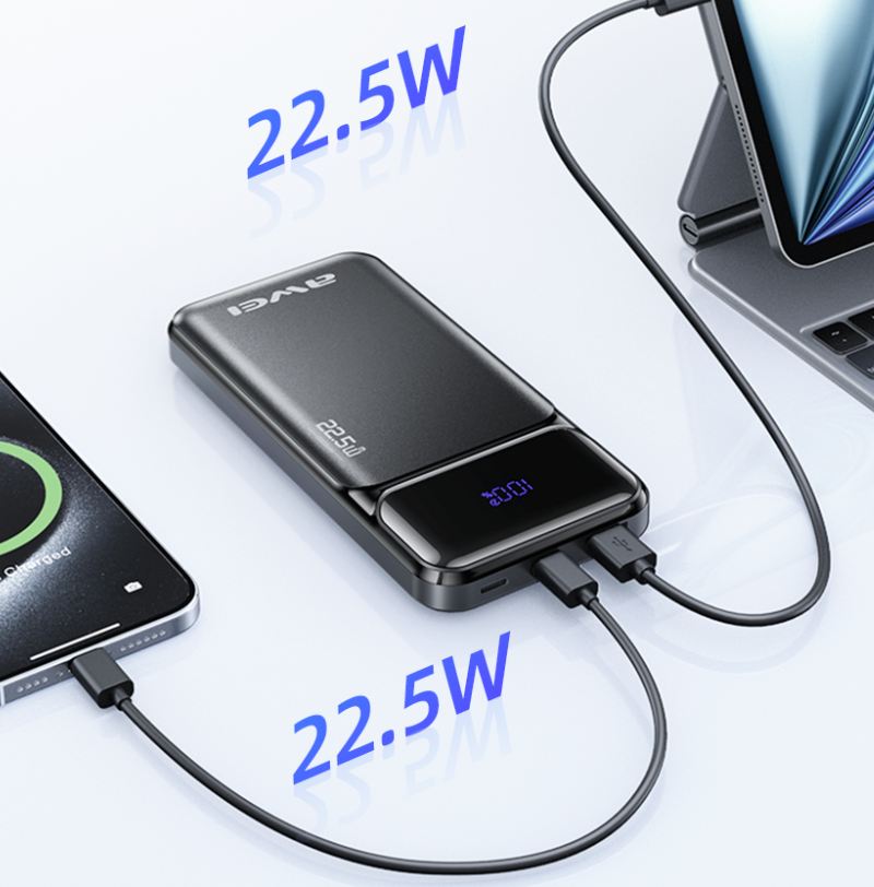 Išorinė baterija Awei PA-90 10000mAh 22,5W PD 2xUSB-C juodos spalvos aprašymas - Prekės nuotrauka