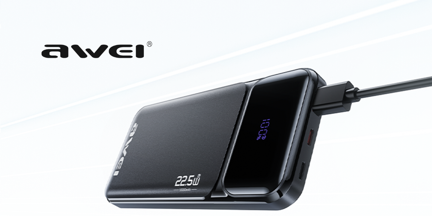 Išorinė baterija Awei PA-90 10000mAh 22,5W PD 2xUSB-C juodos spalvos aprašymas - Prekės nuotrauka