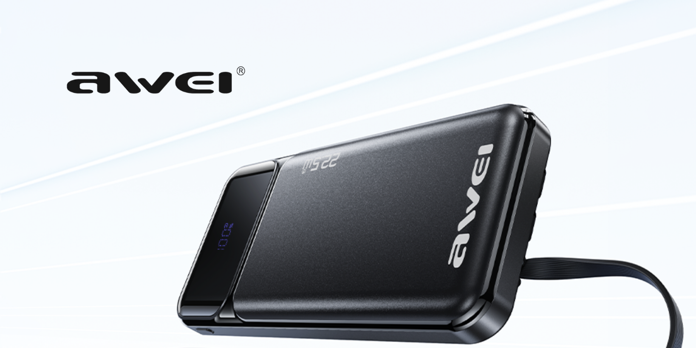 Išorinė baterija Awei PA-91 10000mAh 22,5W PD 2xUSB-C + laidas, juodos spalvos aprašymas - Prekės nuotrauka