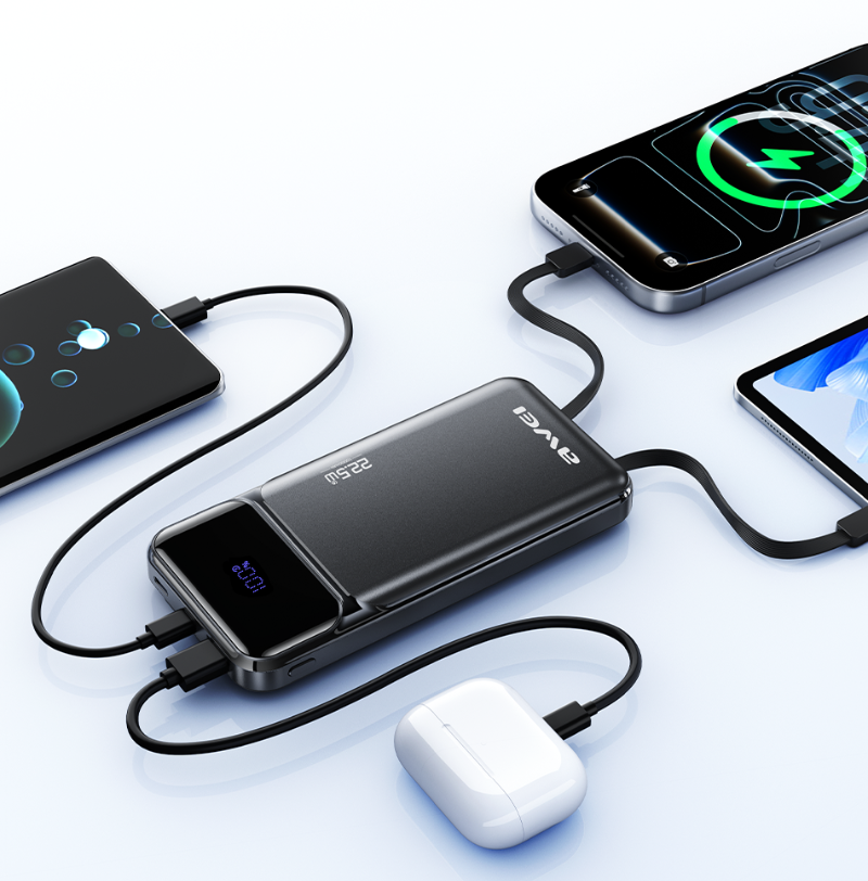 Išorinė baterija Awei PA-91 10000mAh 22,5W PD 2xUSB-C + laidas, juodos spalvos aprašymas - Prekės nuotrauka