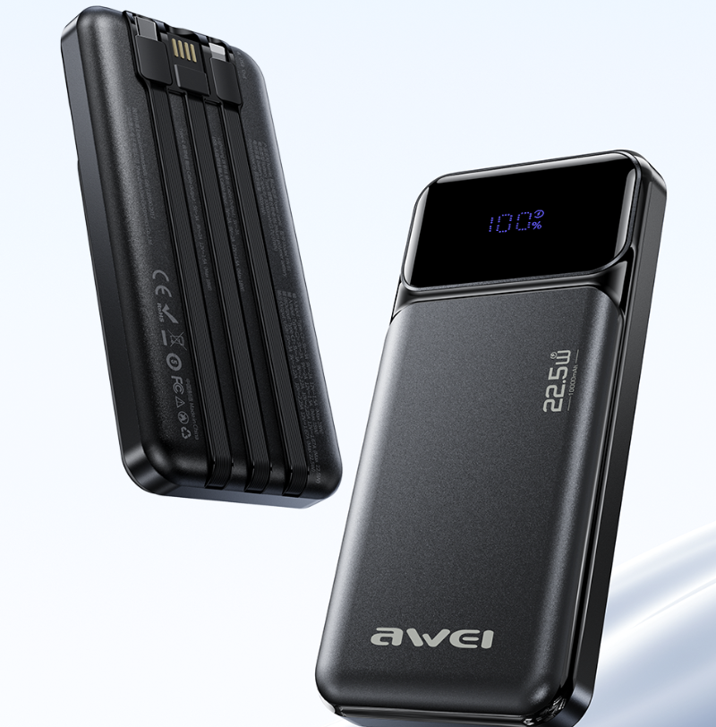 Išorinė baterija Awei PA-91 10000mAh 22,5W PD 2xUSB-C + laidas, juodos spalvos aprašymas - Prekės nuotrauka