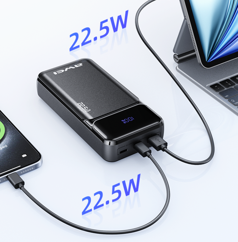 Išorinė baterija Awei PA-92 20000mAh 22,5W PD 2xUSB-C juodos spalvos aprašymas - Prekės nuotrauka