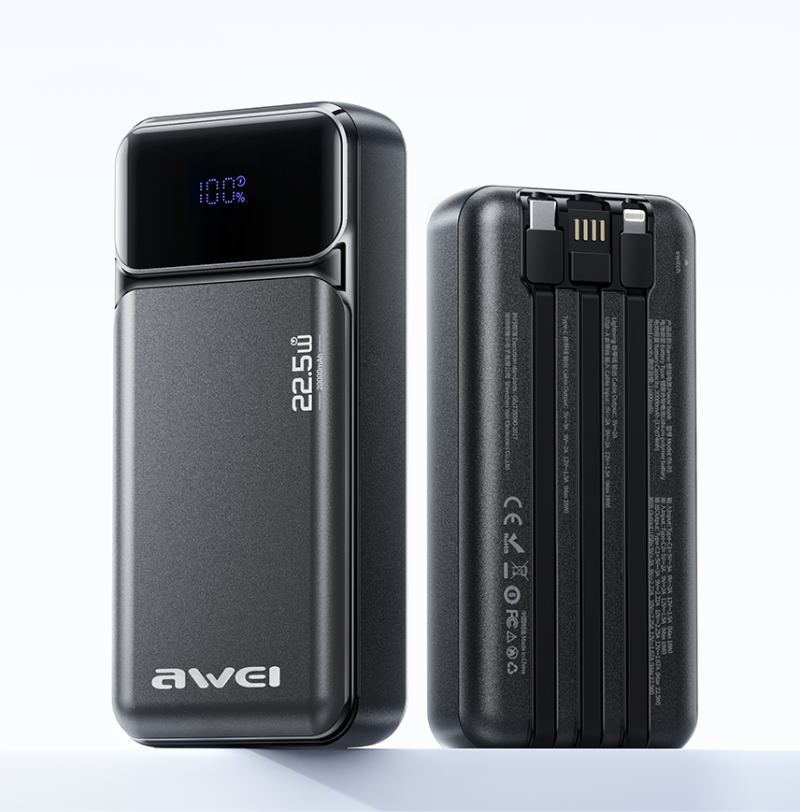 Išorinė baterija Awei PA-93 20000mAh 22,5W PD 2xUSB-C + kabelis juodos spalvos aprašymas - Prekės nuotrauka