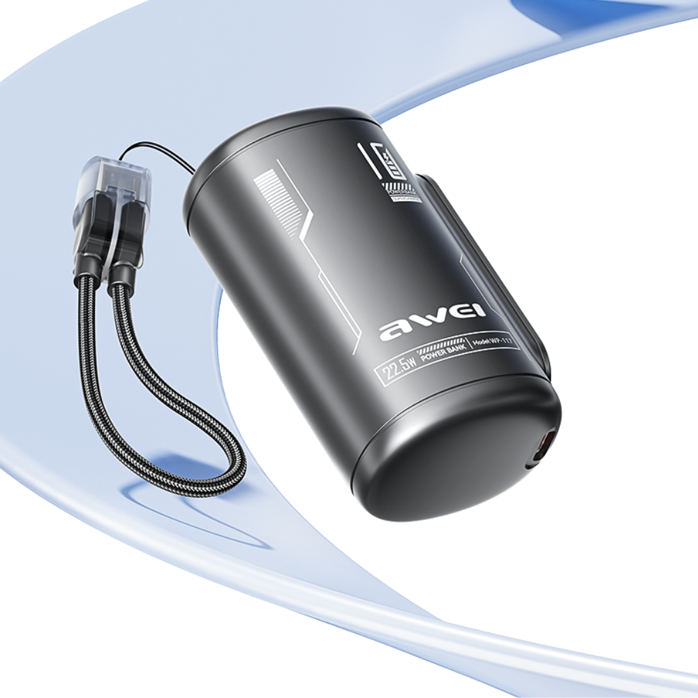 Išorinė baterija Awei WP-117 10000mAh 22.5W 3C 2xUSB-C juodos spalvos aprašymas - Prekės nuotrauka