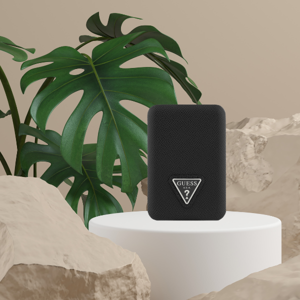 Išorinė baterija Guess Grained Triangle 5000mAh 15W USB-C MagSafe indukcinė juoda aprašymas - Prekės nuotrauka