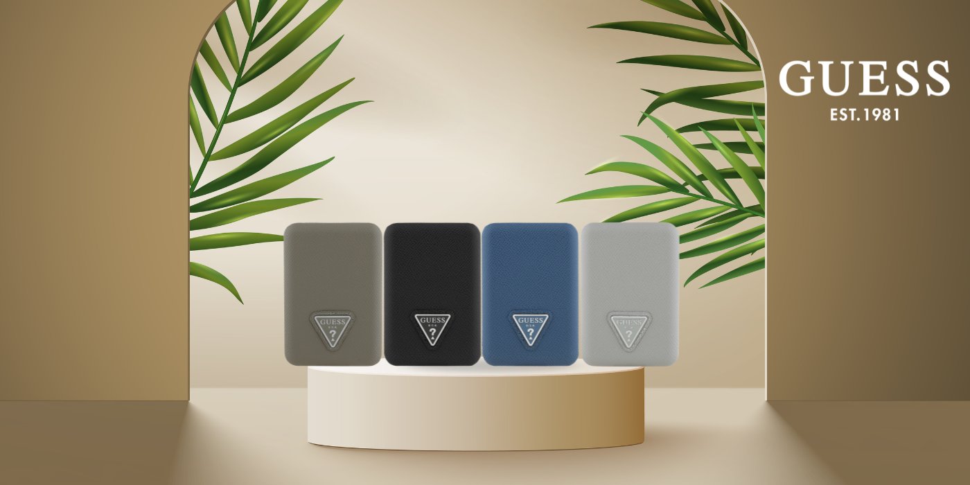 Išorinė baterija Guess Grained Triangle 5000mAh 15W USB-C MagSafe indukcinė juoda aprašymas - Prekės nuotrauka