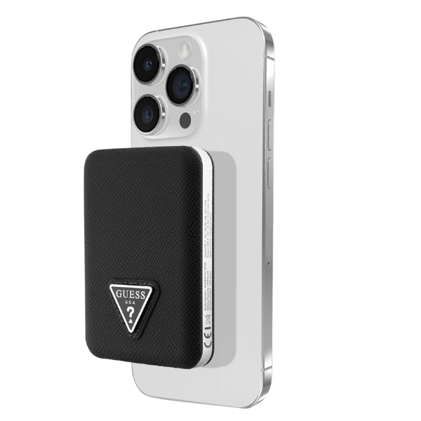 Išorinė baterija Guess Grained Triangle 5000mAh 15W USB-C MagSafe indukcinė juoda aprašymas - Prekės nuotrauka