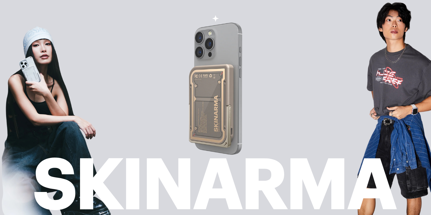 Išorinė baterija Skinarma Nexus Mecha Magnetic su atlenkiamu stovu 5000mAh 20W PD USB-C MagSafe aukso spalvos aprašymas - Prekės nuotrauka