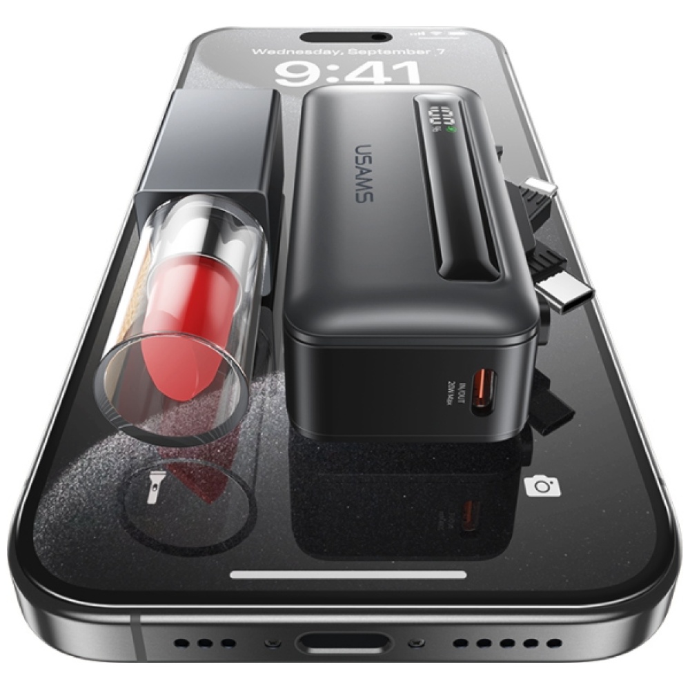 Išorinė baterija USAMS XB-Series CD233 5000mAh PD 20W su USB-C / Lightning laidu, sidabro spalvos aprašymas - Prekės nuotrauka