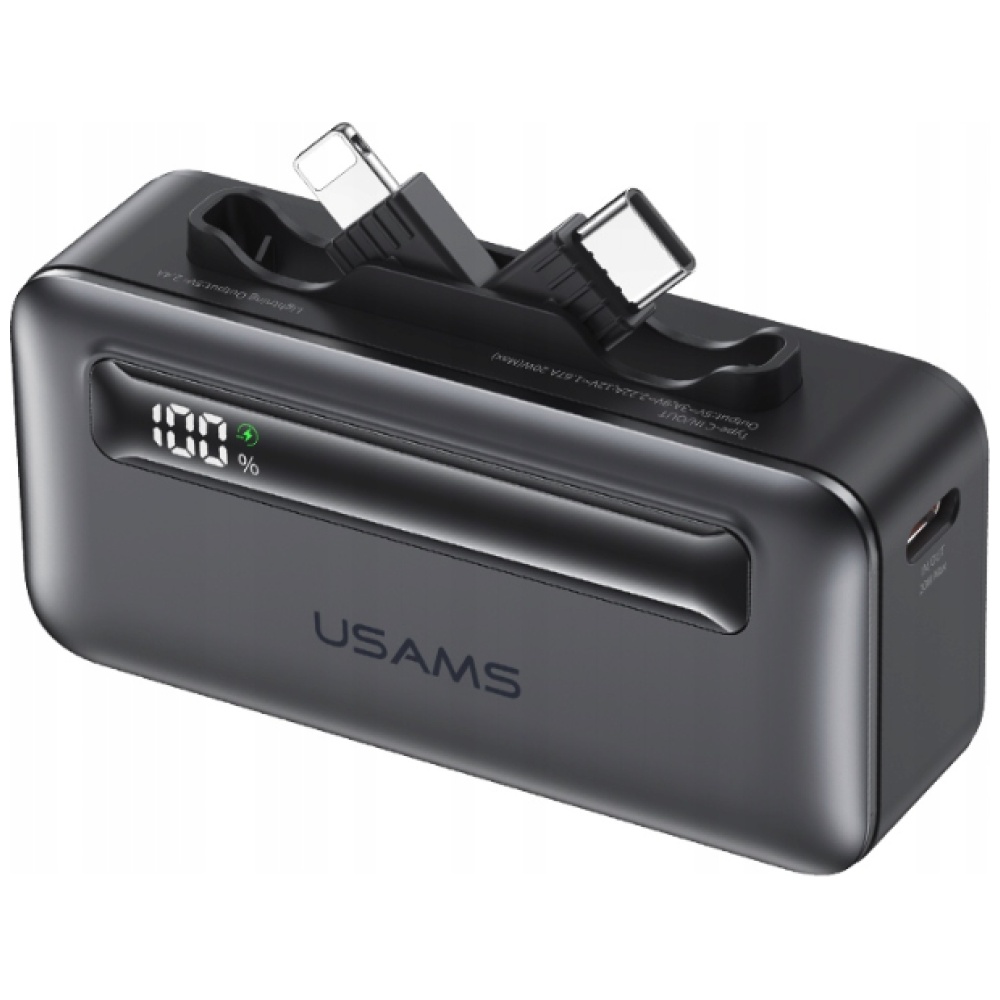 Išorinė baterija USAMS XB-Series CD233 5000mAh PD 20W su USB-C / Lightning laidu, sidabro spalvos aprašymas - Prekės nuotrauka