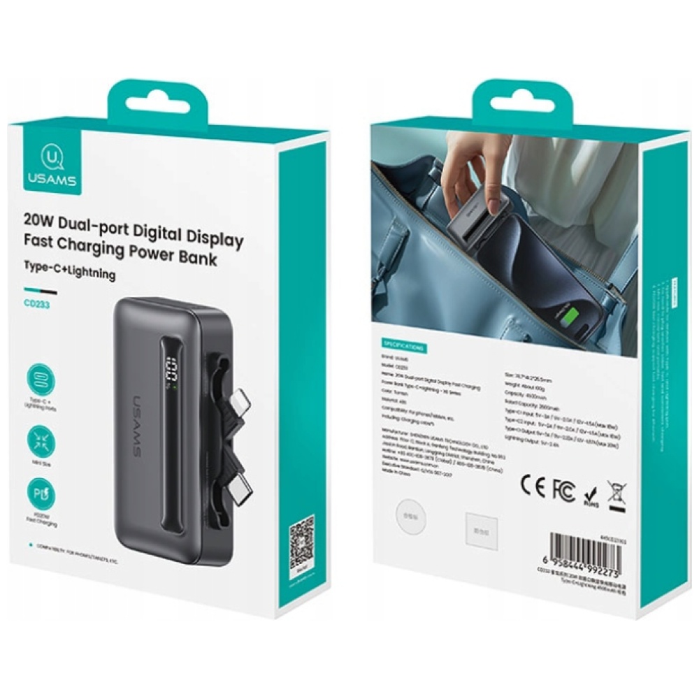 Išorinė baterija USAMS XB-Series CD233 5000mAh PD 20W su USB-C / Lightning laidu, sidabro spalvos aprašymas - Prekės nuotrauka