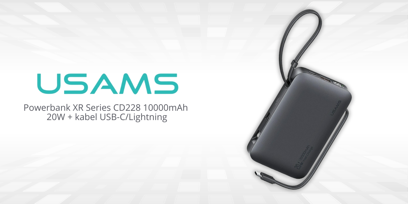 Išorinė baterija USAMS XR Series CD228 10000mAh 20W + USB-C/Lightning laidas, juodos spalvos aprašymas - Prekės nuotrauka