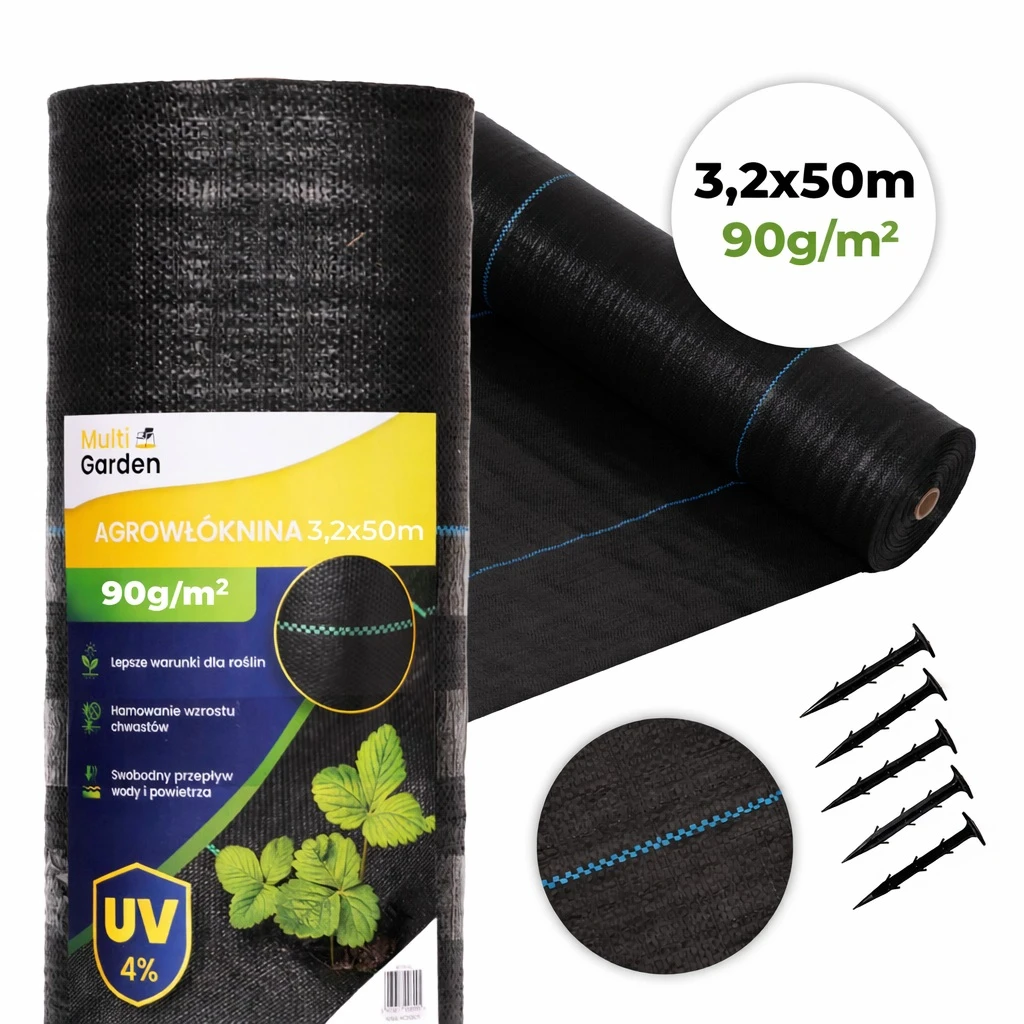 Juoda UV spinduliams atspari agrodanga 90 g/m², piktžolių kontrolės audinys 3,2×50 m, smeigtukai, MultiGarden aprašymas - Prekės nuotrauka