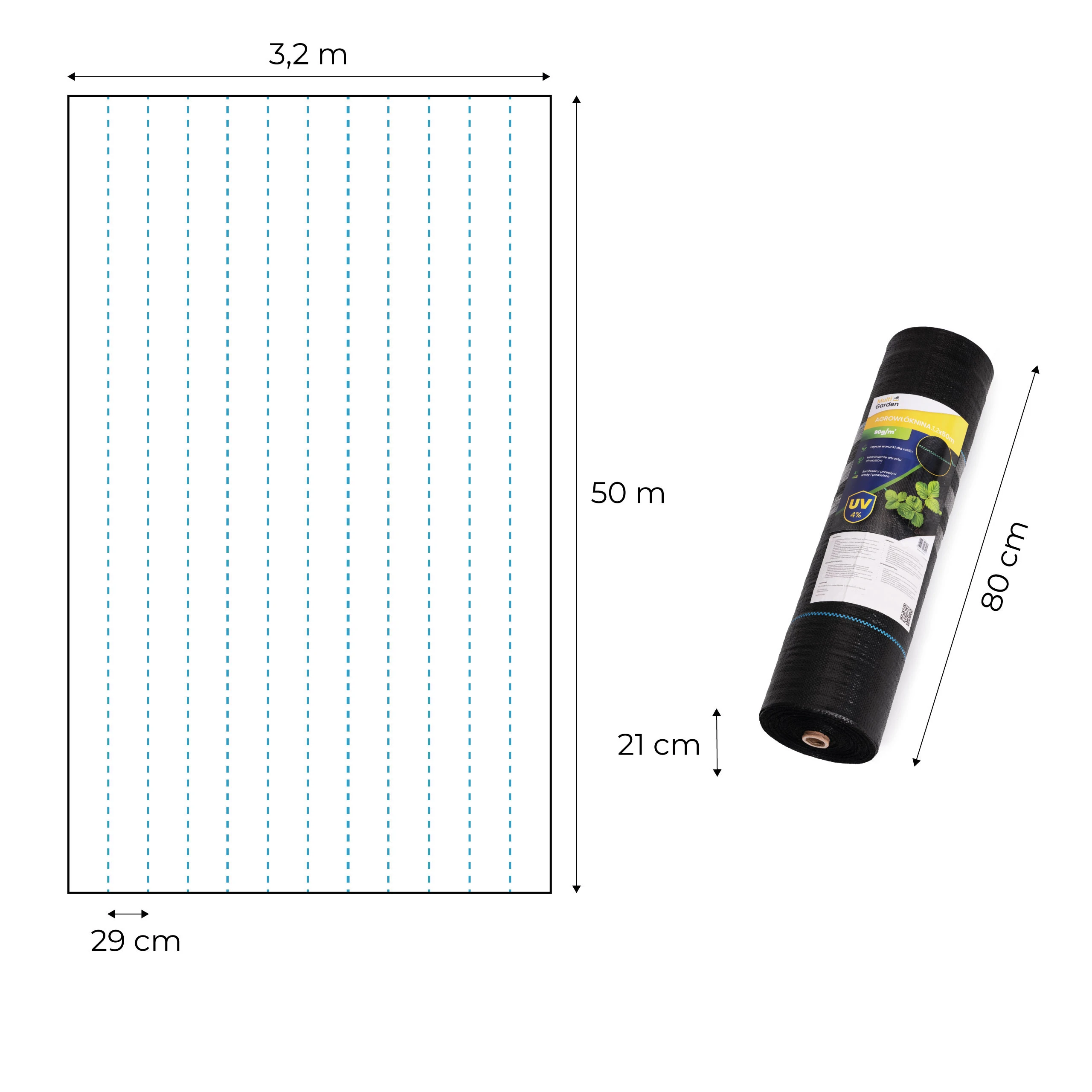 Juoda UV spinduliams atspari agrodanga 90 g/m², piktžolių kontrolės audinys 3,2×50 m, smeigtukai, MultiGarden aprašymas - Prekės nuotrauka