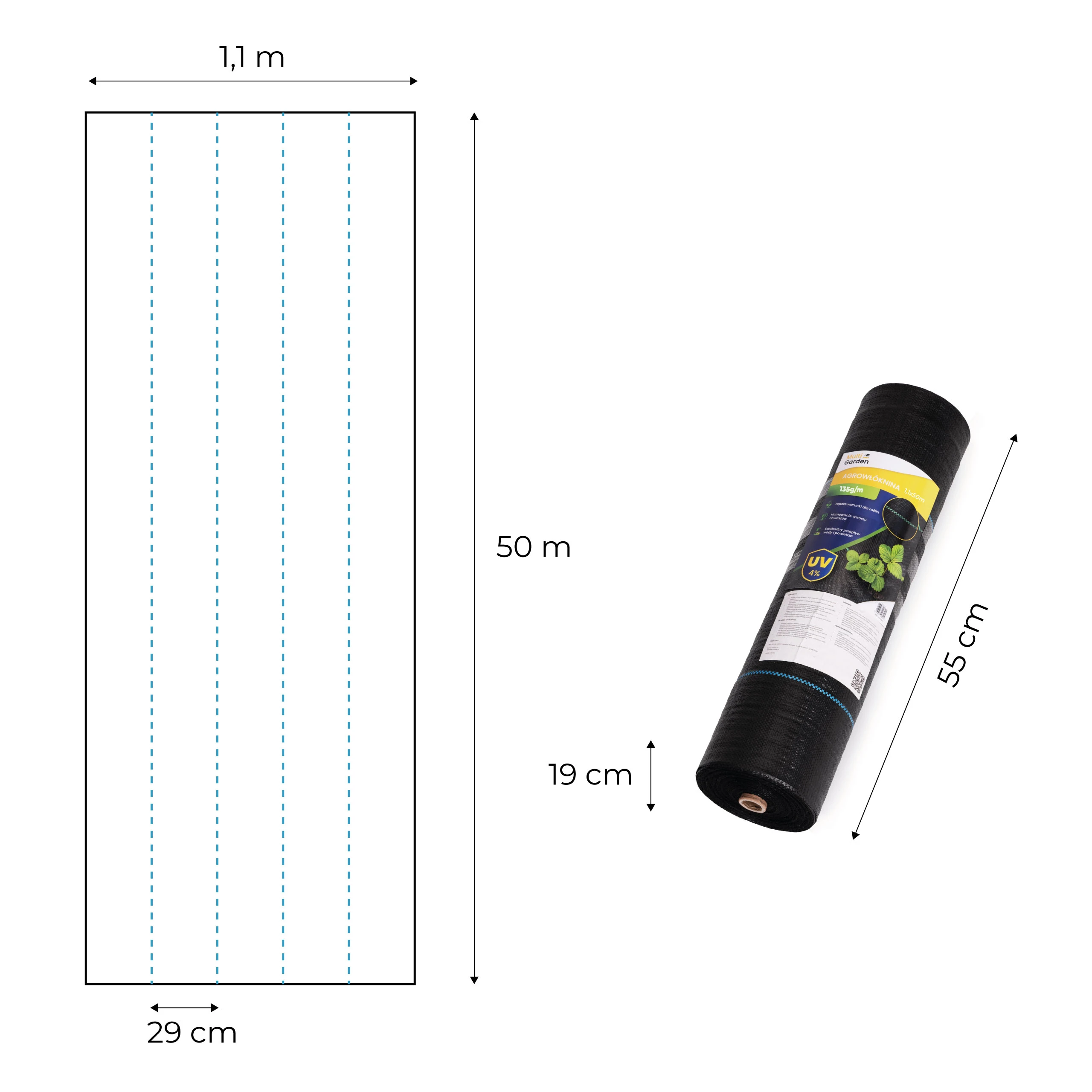 Juoda UV spinduliams atspari agroplėvelė 135 g/m² piktžolių kontrolės danga 1,1×50 m, smeigės, MultiGarden aprašymas - Prekės nuotrauka
