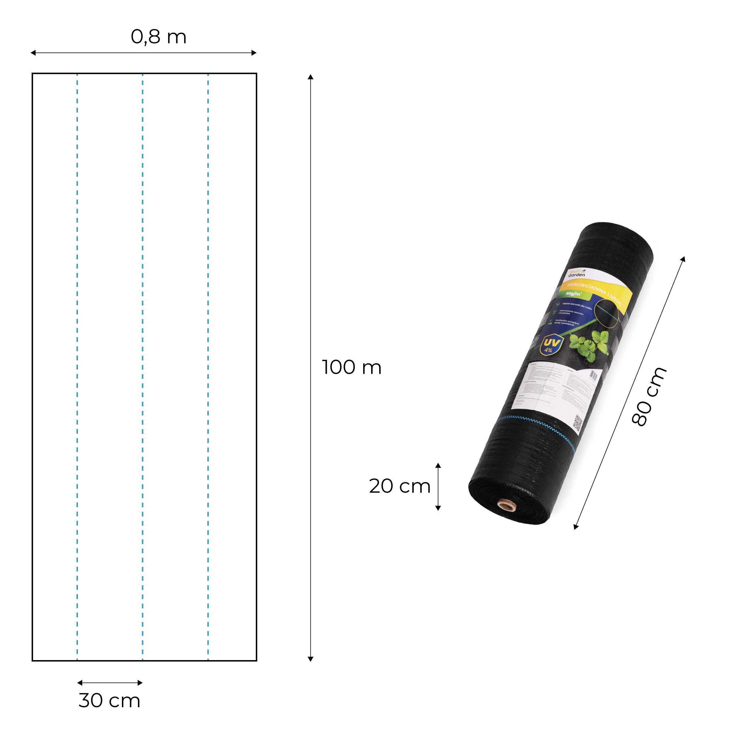 Juoda UV spinduliams atspari agroplėvelė 135 g/m² piktžolių kontrolės danga 0,8×100 m, smeigės, MultiGarden aprašymas - Prekės nuotrauka