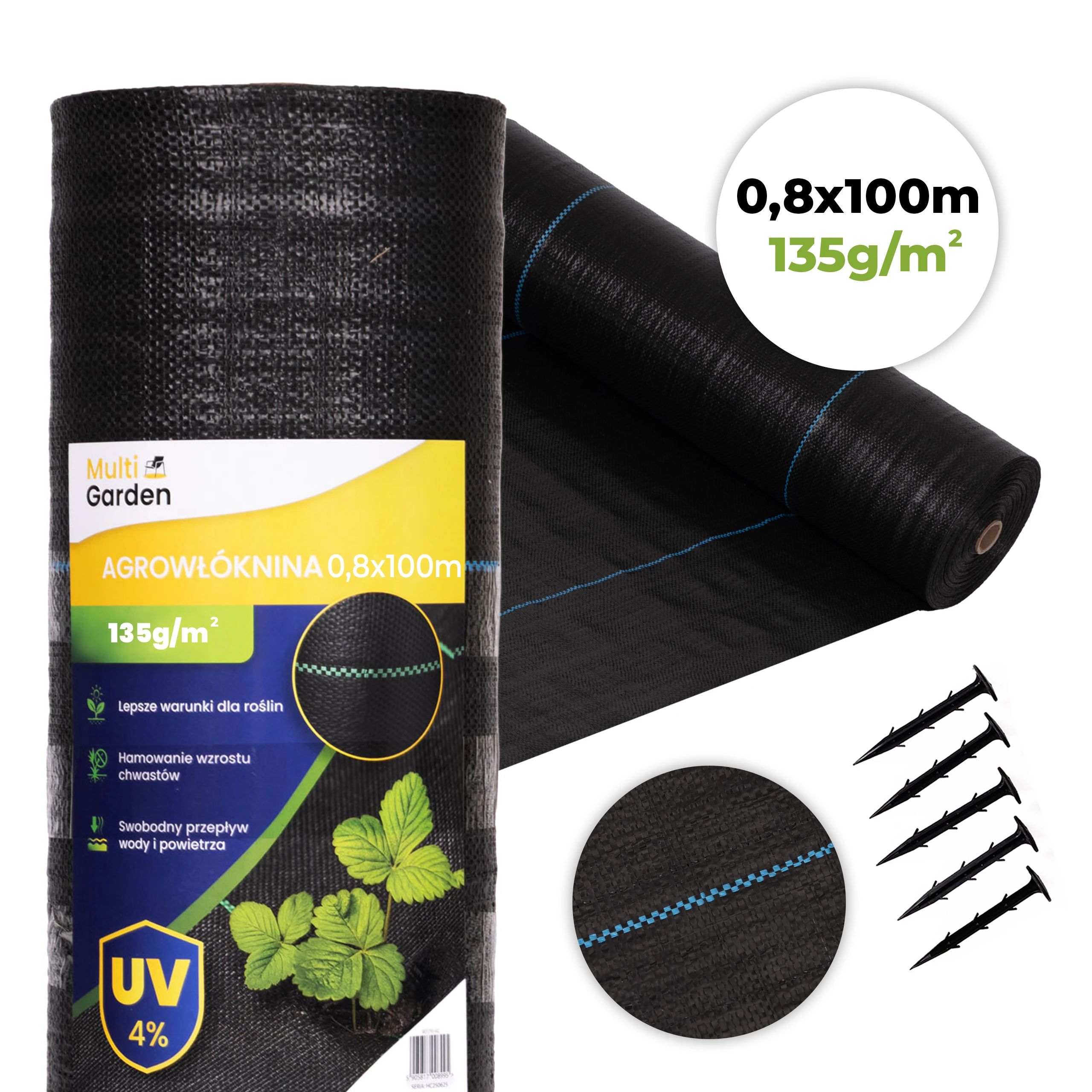 Juoda UV spinduliams atspari agroplėvelė 135 g/m² piktžolių kontrolės danga 0,8×100 m, smeigės, MultiGarden aprašymas - Prekės nuotrauka