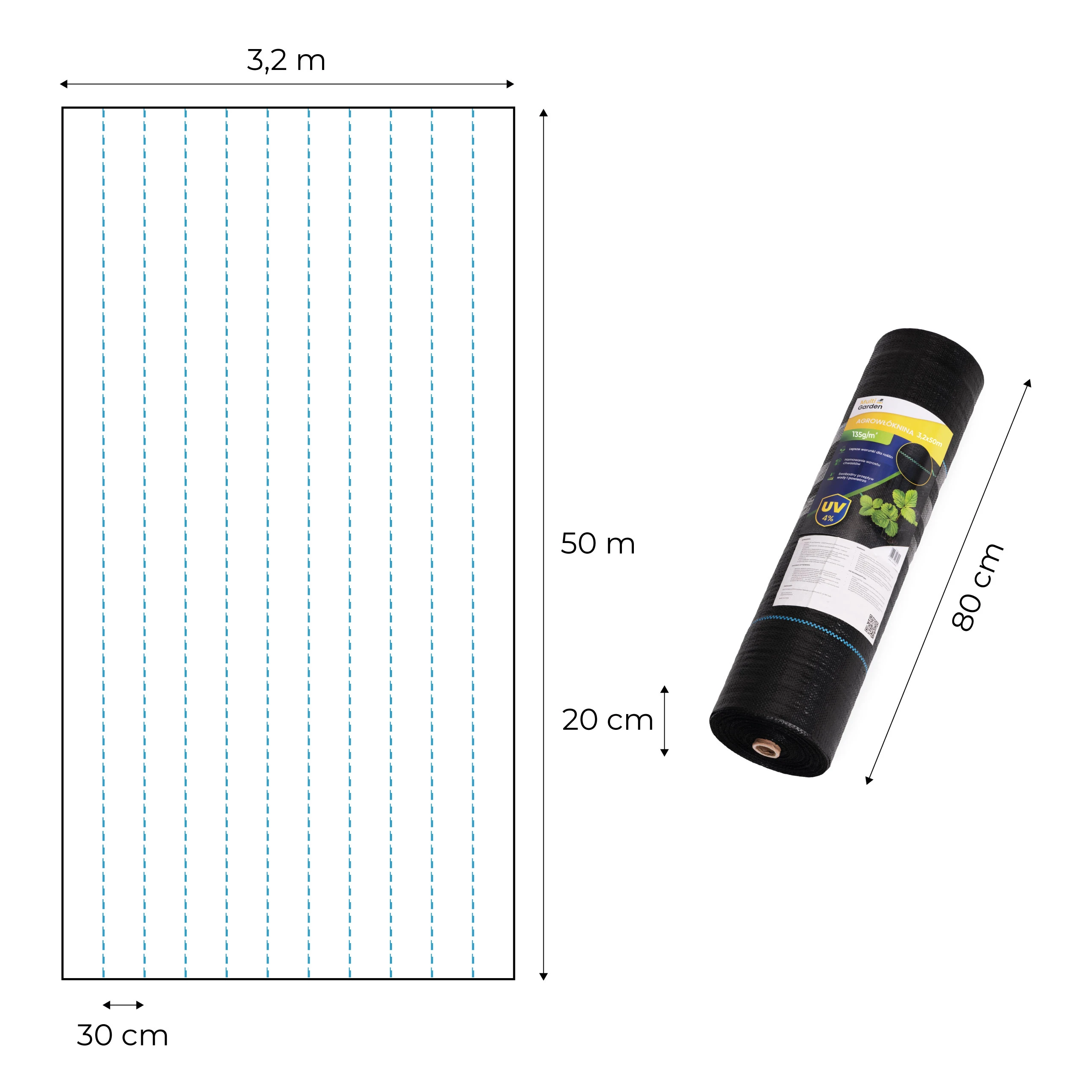 Juoda UV spinduliams atspari agroplėvelė 135 g/m² piktžolių kontrolės danga 3.2×50 m, smeigės, MultiGarden aprašymas - Prekės nuotrauka