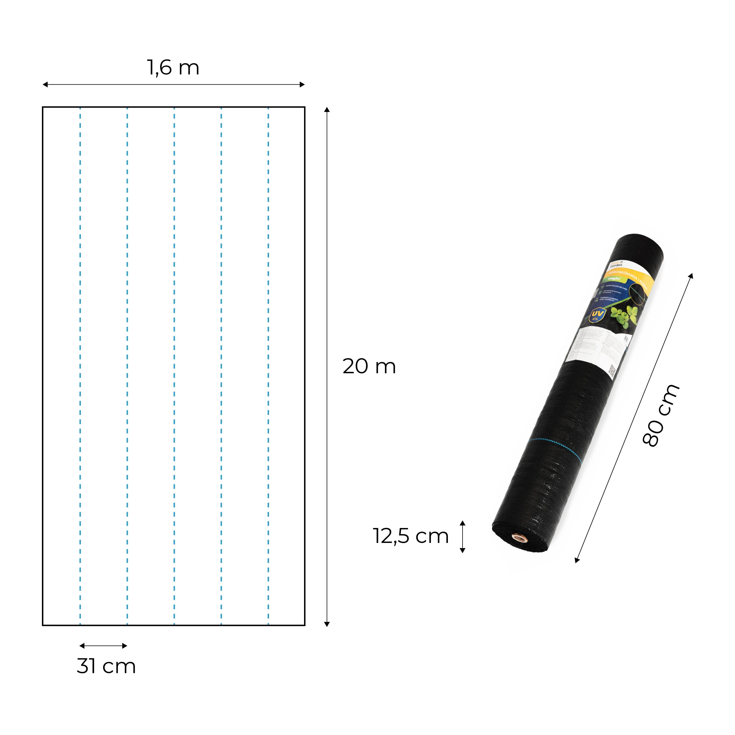 Juoda UV spinduliams atspari agroplėvelė 150 g/m² piktžolių kontrolės danga 1,6×20 m, smeigtukai, MultiGarden aprašymas - Prekės nuotrauka