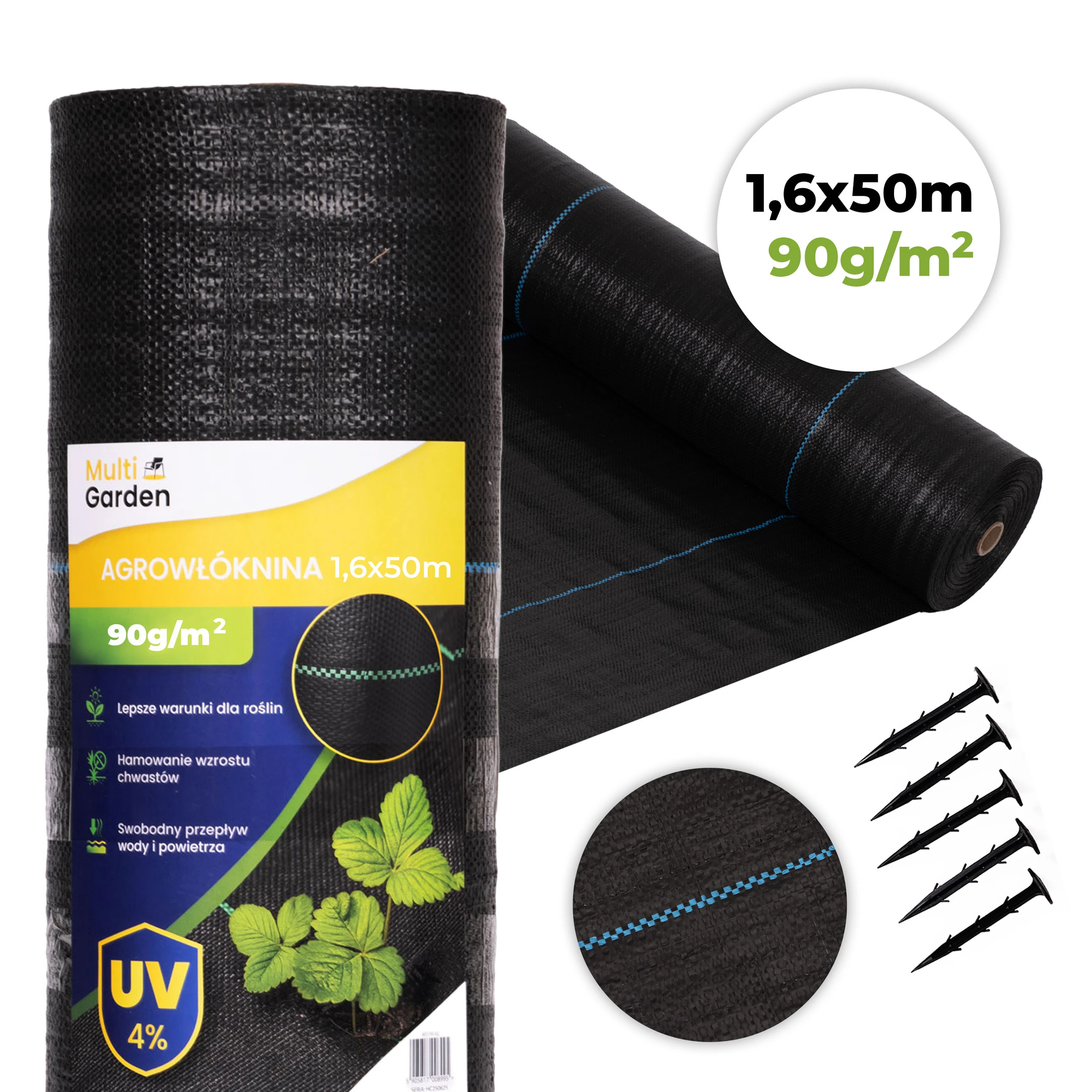 Juodas UV spinduliams atsparus agroaudinys 90 g/m² piktžolių kontrolės danga 1,6 × 50 m, smeigtukai, MultiGarden aprašymas - Prekės nuotrauka