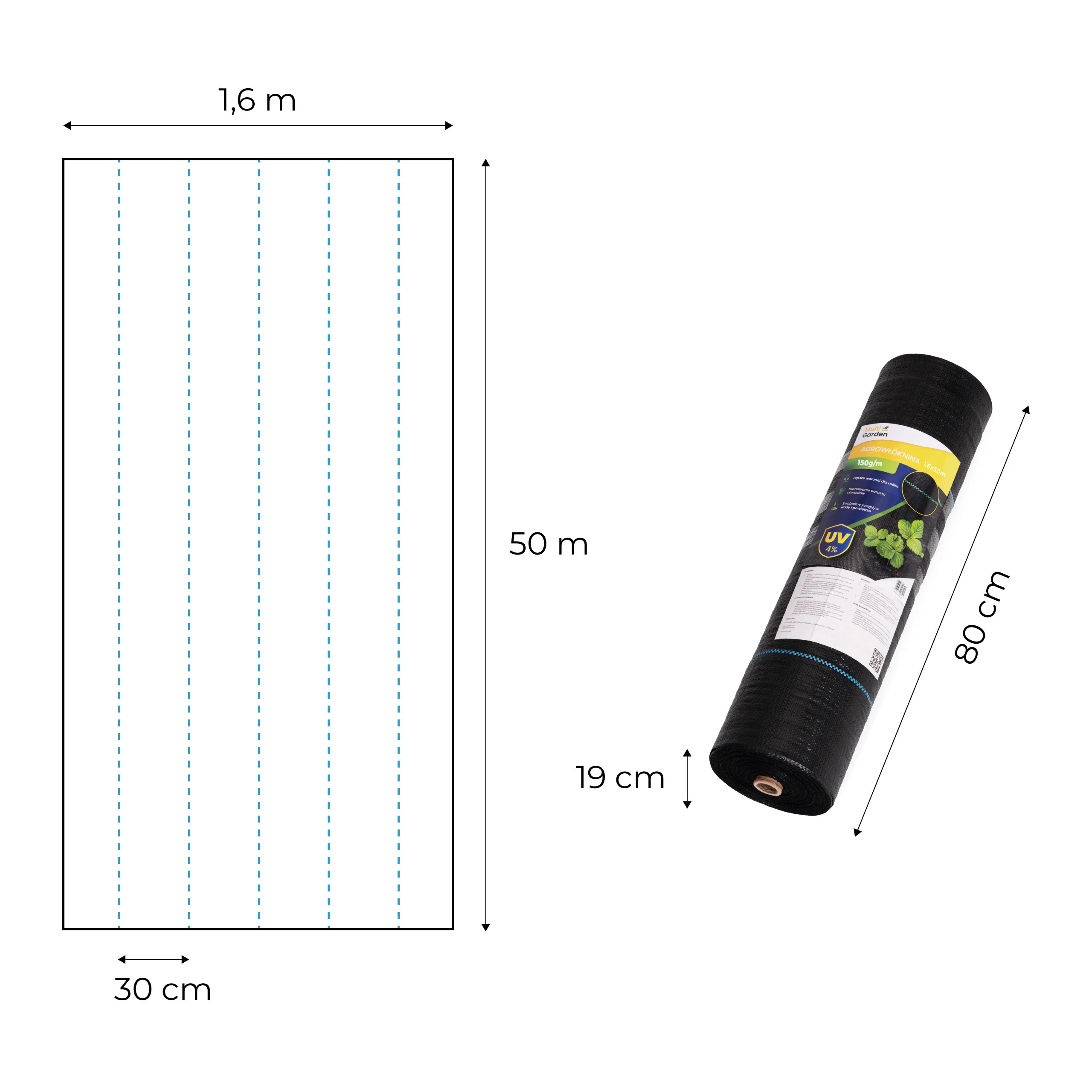 Juodas UV spinduliams atsparus agrotekstilės audinys 150 g/m² piktžolių kontrolės danga 1,6×50 m, smeigtukai, MultiGarden aprašymas - Prekės nuotrauka