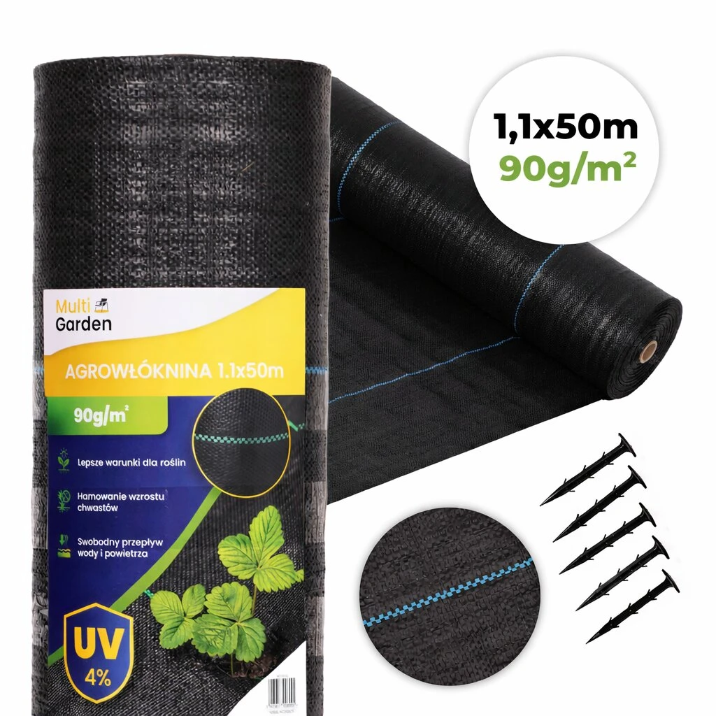 Juodas UV spinduliams atsparus geotekstilės audinys nuo piktžolių 90 g/m², 1,1 × 50 m, su smeigėmis, MultiGarden aprašymas - Prekės nuotrauka