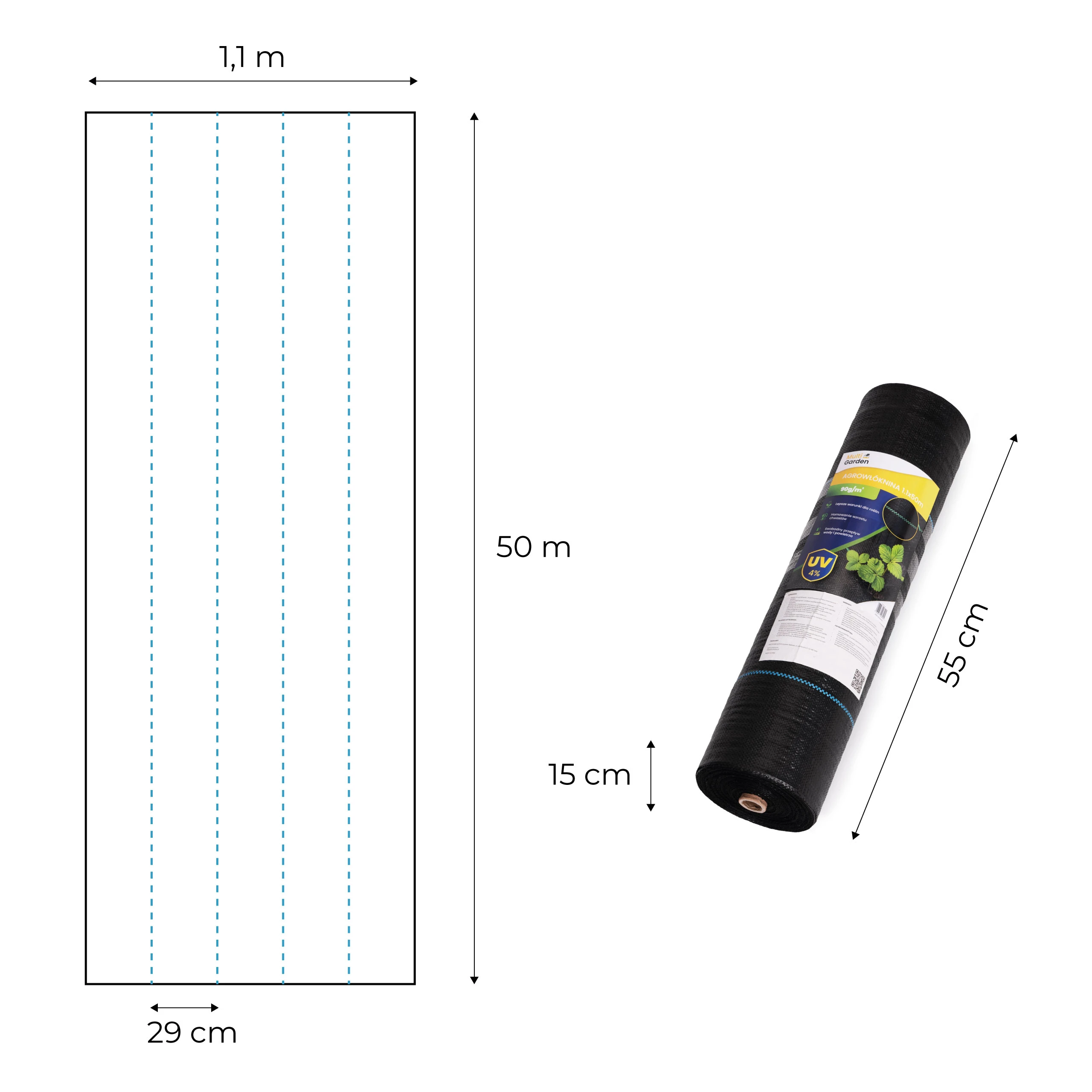 Juodas UV spinduliams atsparus geotekstilės audinys nuo piktžolių 90 g/m², 1,1 × 50 m, su smeigėmis, MultiGarden aprašymas - Prekės nuotrauka