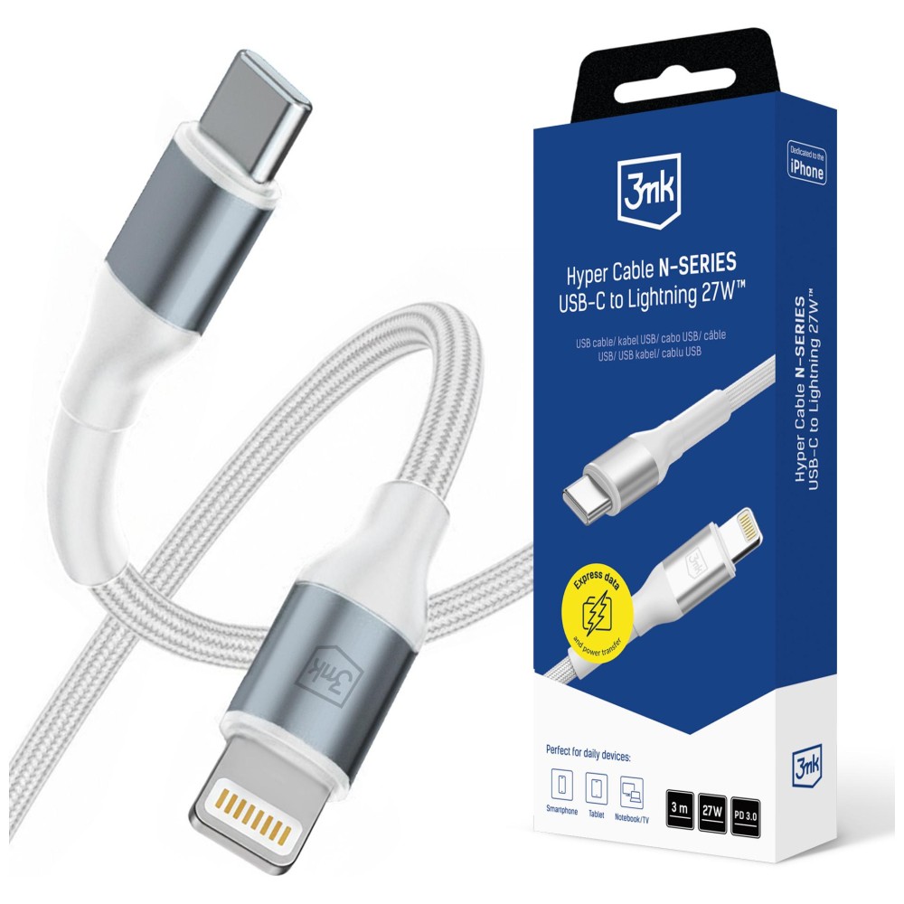 3mk Hyper Cable N-SERIES USB-C to Lightning 3m PD 3.0 9V/3A 27W Baltas aprašymas - Prekės nuotrauka