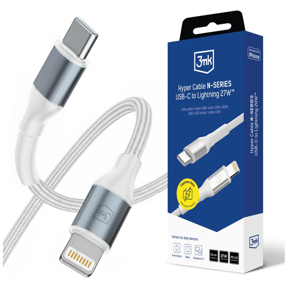 3mk Hyper Cable N-SERIES USB-C to Lightning 0.5m PD 3.0 9V/3A 27W Baltas aprašymas - Prekės nuotrauka