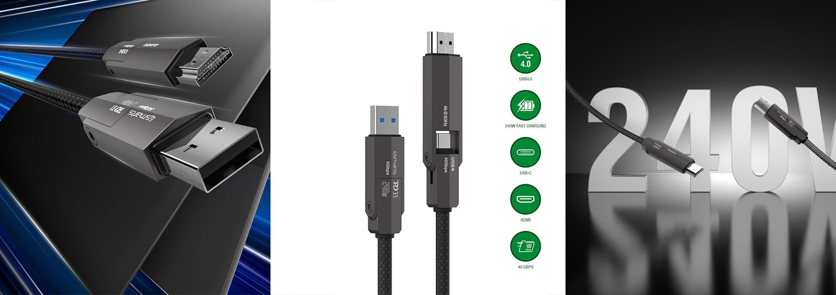 Kabelis 4smarts ComboCord USB4 HDMI 240W 1.5m juodas aprašymas - Prekės nuotrauka