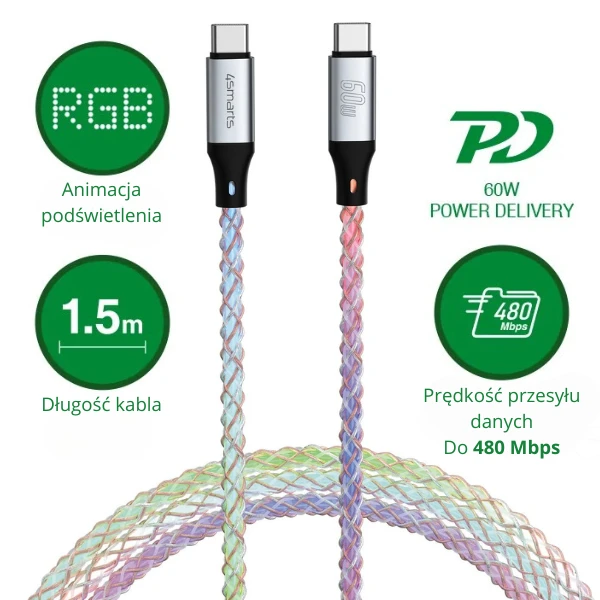 Kabelis 4smarts USB-C 60W 1.5m RGB aprašymas - Prekės nuotrauka