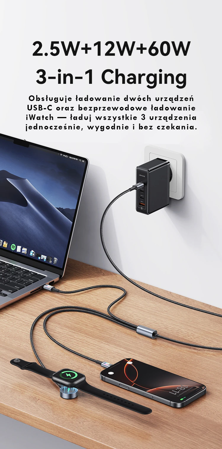 Kabelis USAMS Huan Series SJ754 72W USB-C į USB-C + USB-C + belaidis įkroviklis į laikrodžiui tarnish aprašymas - Prekės nuotrauka