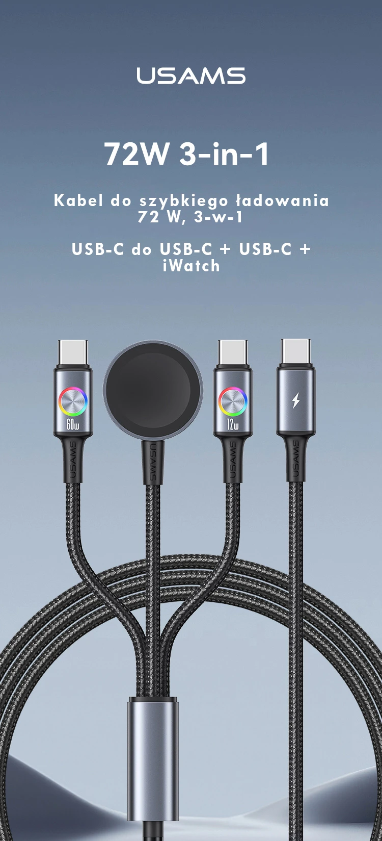 Kabelis USAMS Huan Series SJ754 72W USB-C į USB-C + USB-C + belaidis įkroviklis į laikrodžiui tarnish aprašymas - Prekės nuotrauka