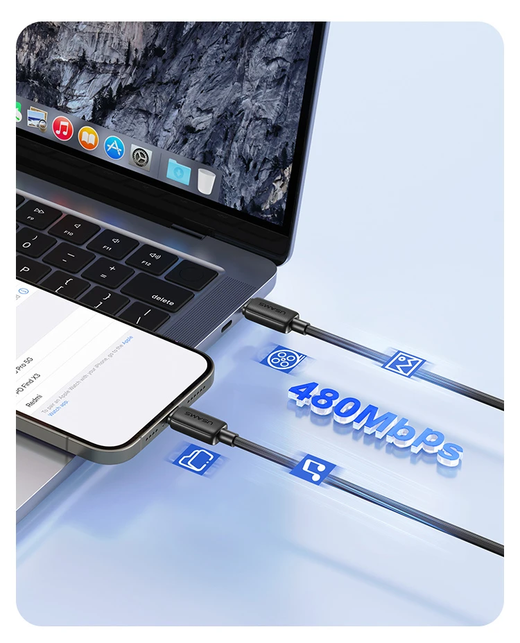 Kabelis USAMS KY Series US-SJ694 2.4A Lightning į USB-A 2m baltos spalvos aprašymas - Prekės nuotrauka