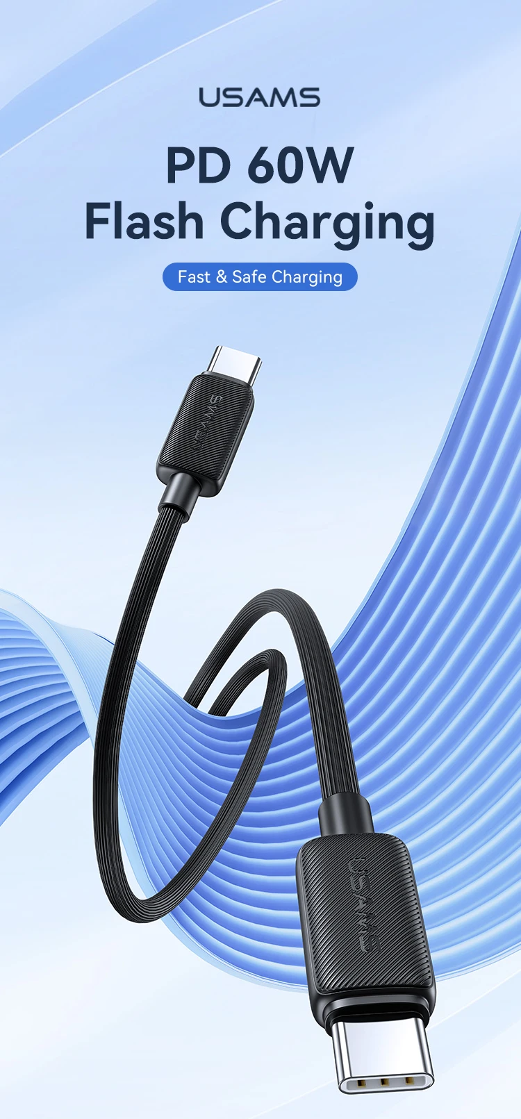 Kabelis USAMS KY Series US-SJ696 60W USB-C į USB-C 2m baltos spalvos aprašymas - Prekės nuotrauka