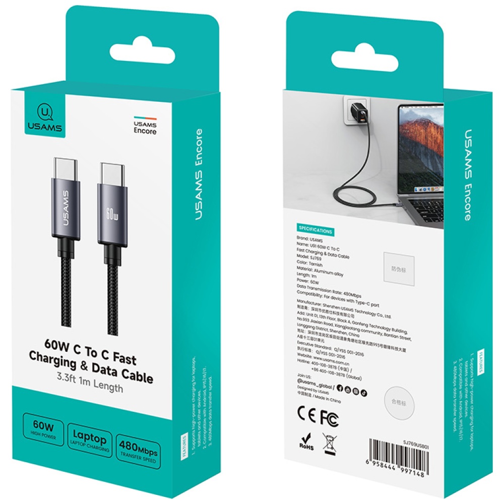 Kabelis USAMS U91 60W USB-C to USB-C 1m tarnish aprašymas - Prekės nuotrauka
