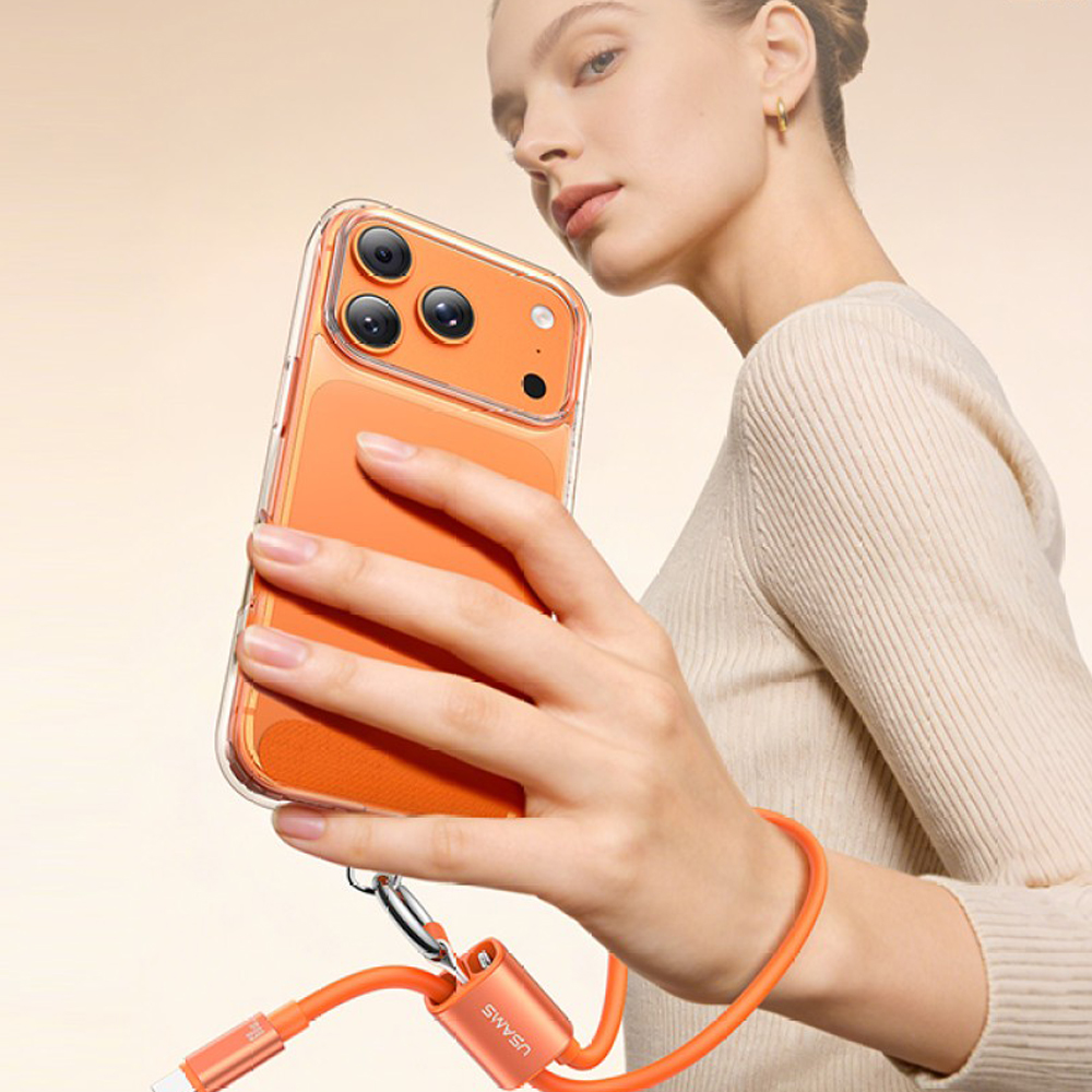 Kabelis USAMS U97 60W USB-C į USB-C su dirželiu 30cm oranžinės spalvos aprašymas - Prekės nuotrauka