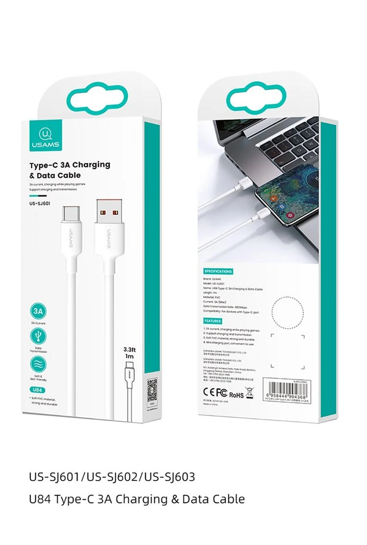Kabelis USAMS US-SJ603 U84 3A USB-C į USB-A 3m baltos spalvos aprašymas - Prekės nuotrauka Kabelis USAMS US-SJ603 U84 3A USB-C į USB-A 3m baltos spalvos aprašymas - Prekės nuotrauka