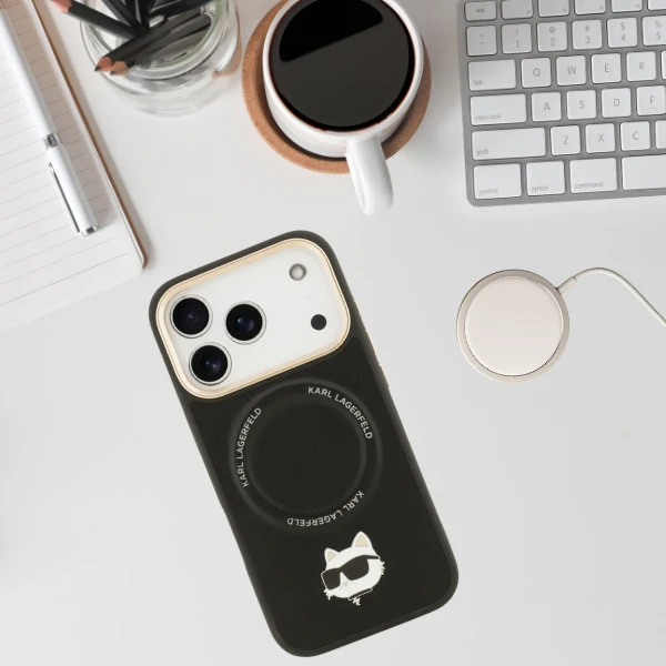 Karl Lagerfeld Big Strap Choupette Metal Logo MagSafe dėklas skirtas Apple iPhone 17 Pro Max juodos spalvos aprašymas - Prekės nuotrauka