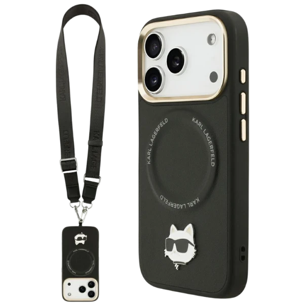 Karl Lagerfeld Big Strap Choupette Metal Logo MagSafe dėklas skirtas Apple iPhone 17 Pro Max juodos spalvos aprašymas - Prekės nuotrauka