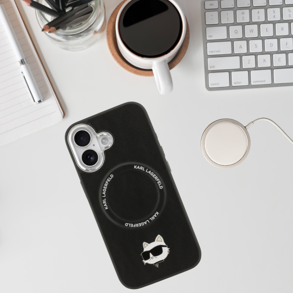Karl Lagerfeld Choupette Pin MagSafe dėklas iPhone 17 telefonui, juodas aprašymas - Prekės nuotrauka
