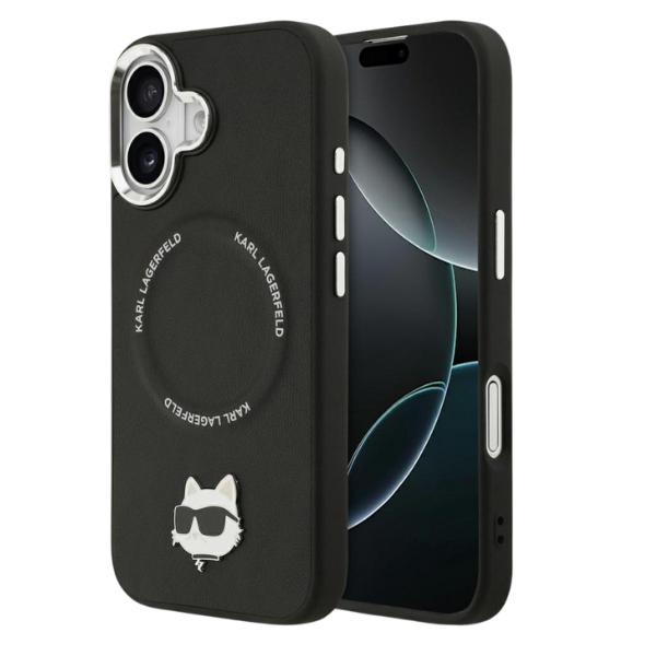 Karl Lagerfeld Choupette Pin MagSafe dėklas iPhone 17 telefonui, juodas aprašymas - Prekės nuotrauka