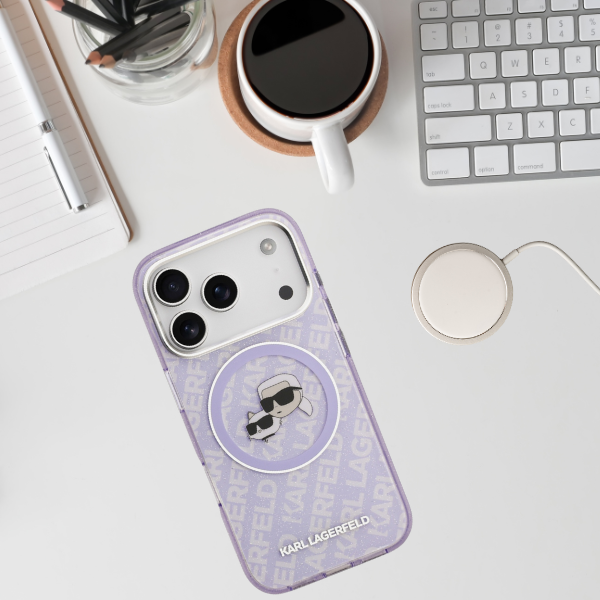 Karl Lagerfeld IML Glitter Karl & Choupette Heads Logo MagSafe dėklas skirtas Apple iPhone 17 Pro Violetinė aprašymas - Prekės nuotrauka Karl Lagerfeld IML Glitter Karl & Choupette Heads Logo MagSafe dėklas skirtas Apple iPhone 17 Pro Violetinė aprašymas - Prekės nuotrauka