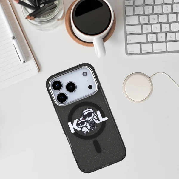Karl Lagerfeld IML Glitter Karl & Choupette Sketch Logo MagSafe dėklas skirtas Apple iPhone 17 Pro Juodas aprašymas - Prekės nuotrauka