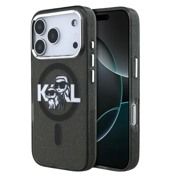 Karl Lagerfeld IML Glitter Karl & Choupette Sketch Logo MagSafe dėklas skirtas Apple iPhone 17 Pro Juodas aprašymas - Prekės nuotrauka